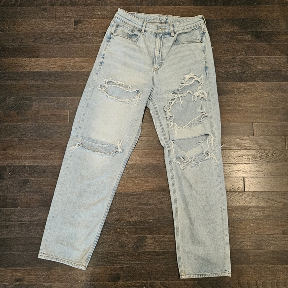 American Eagle Outfitters Denim - AE Ripped Highest Waist Baggy Straight Jean Light Wash Denim Destroyed - SZ 8